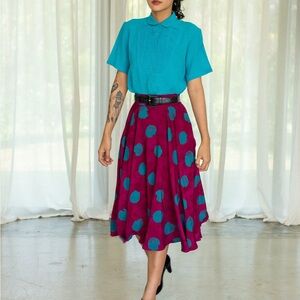 Vintage 80s Maroon circle skirt with green polka dot print
